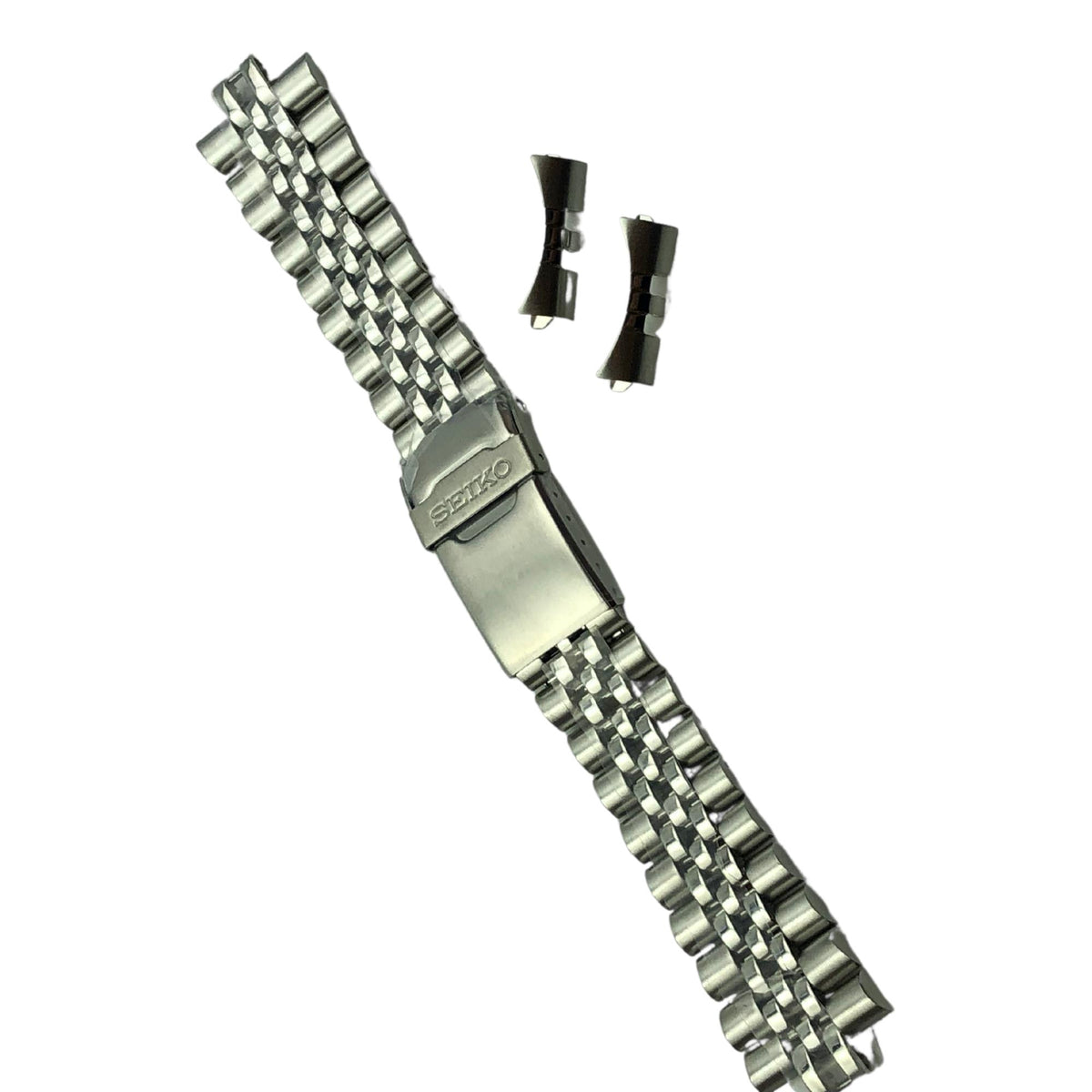 Stainless steel jubilee watch bracelet with textured link pattern and clasp, 22mm lugs