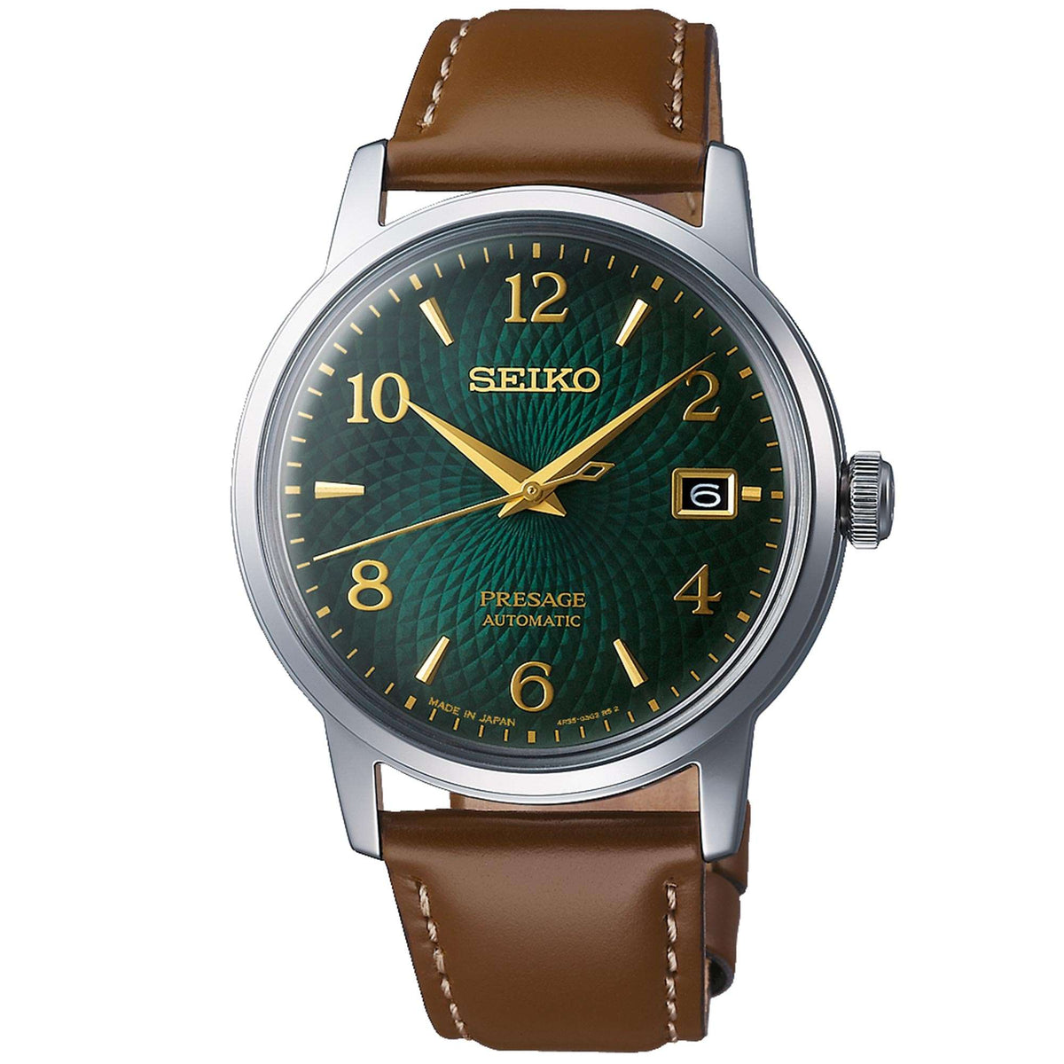 Men's Seiko Presage watch with green dial, gold indices, brown leather strap, crown at 3