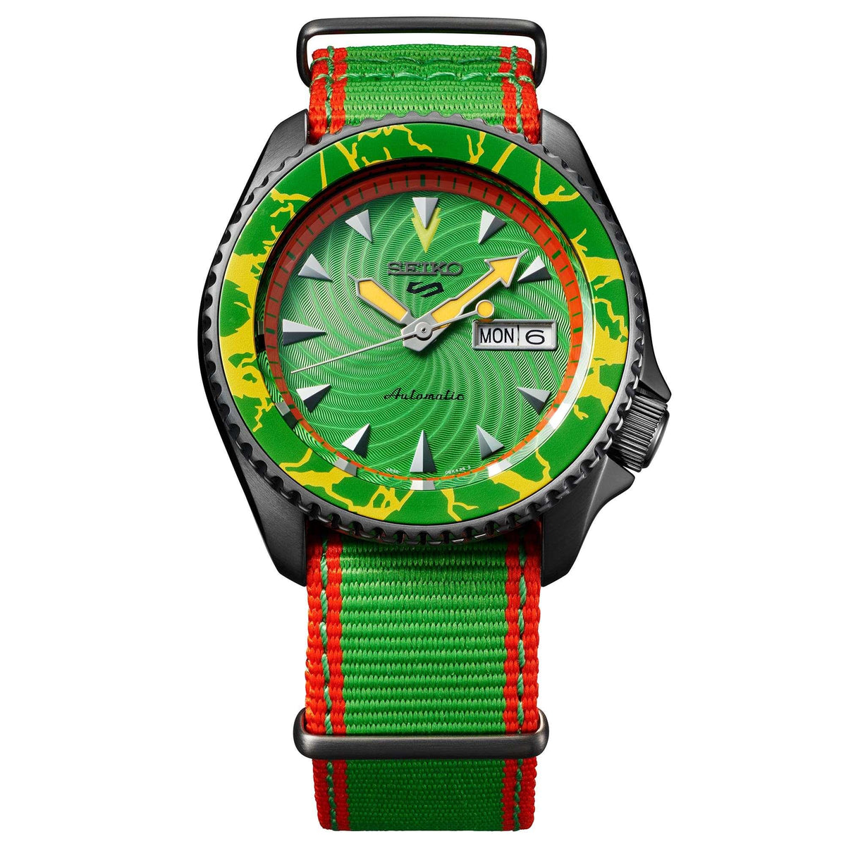 Green dial automatic wristwatch with green fabric strap and red edging, round black case