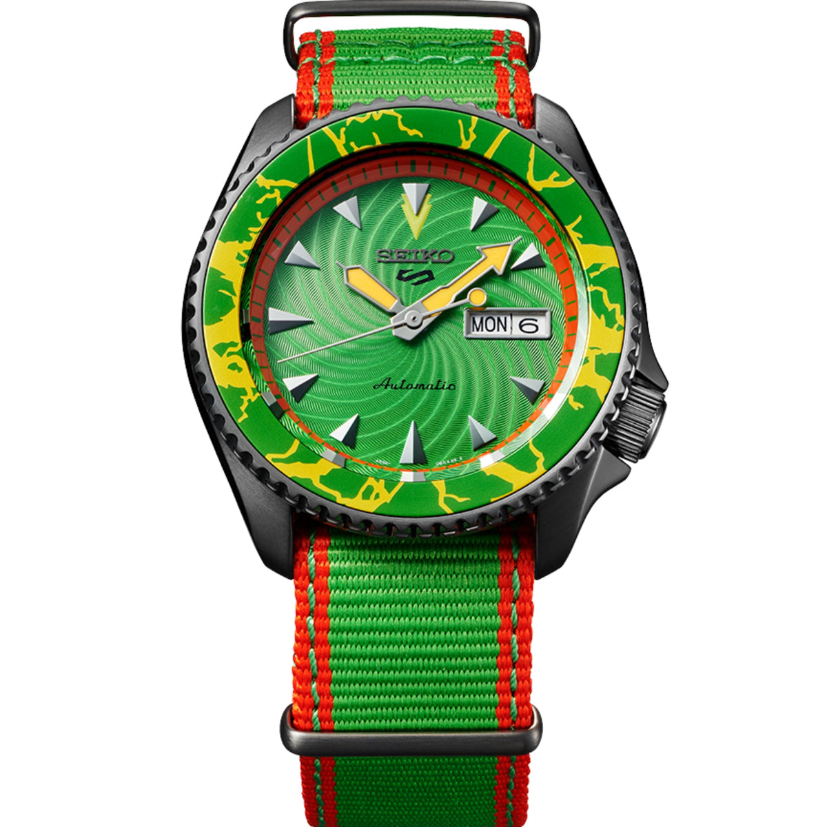 Green dial automatic wristwatch with red-accented MON 6 date window and black case
