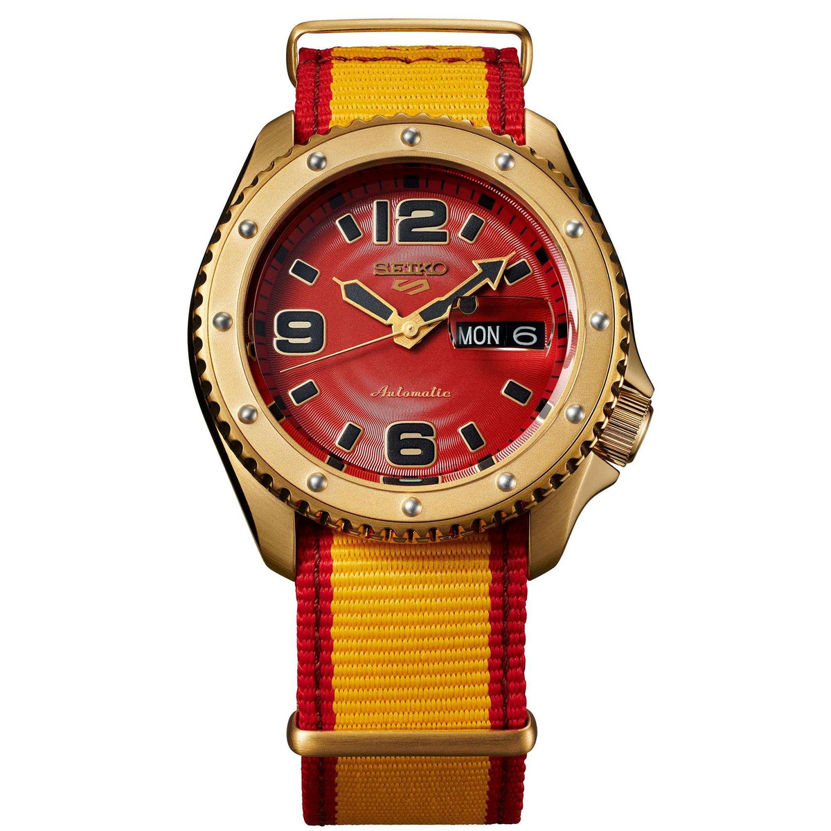 Men's automatic watch with red dial, gold-tone bezel, and striped nylon strap