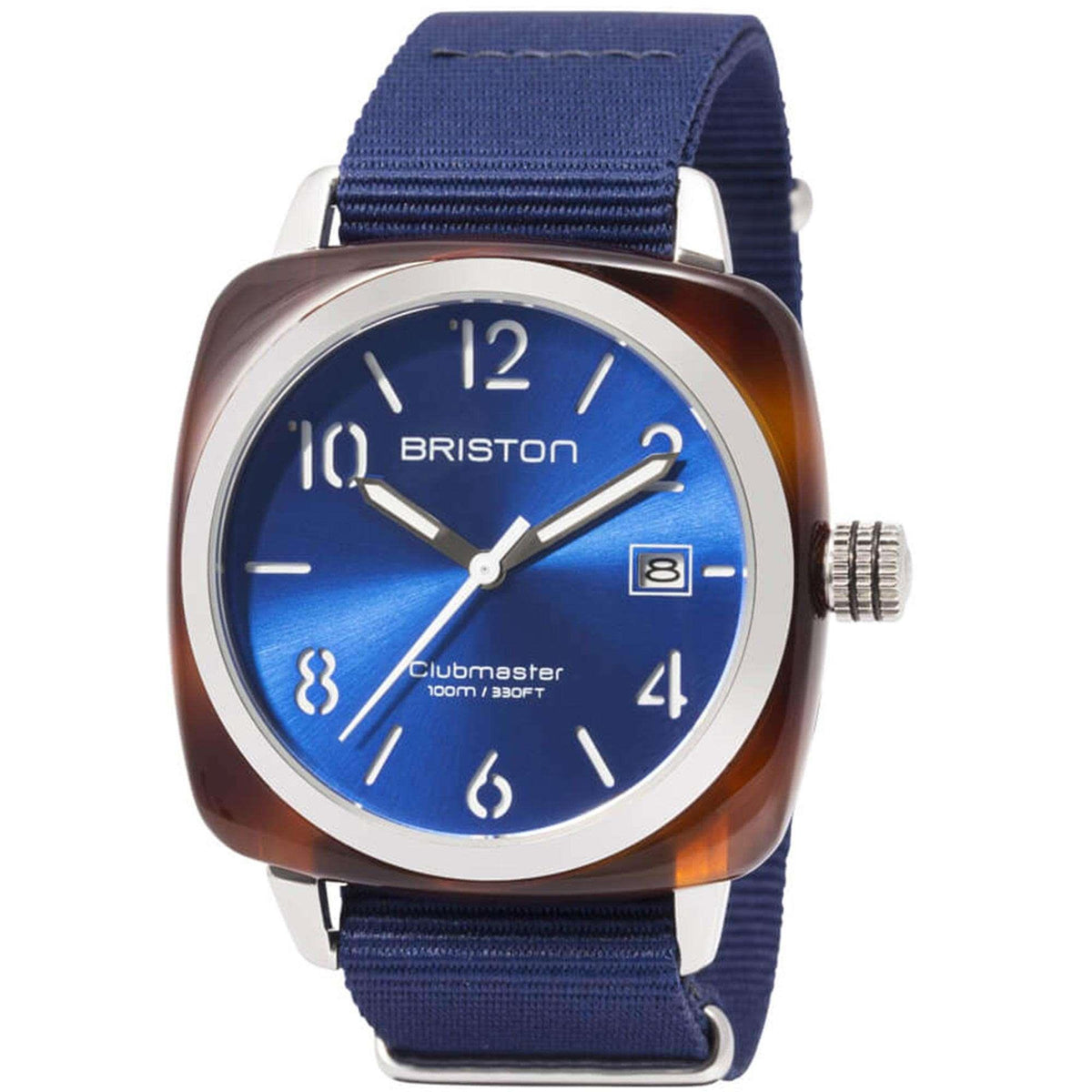 Briston Clubmaster men's quartz watch with blue dial and navy fabric strap, date window