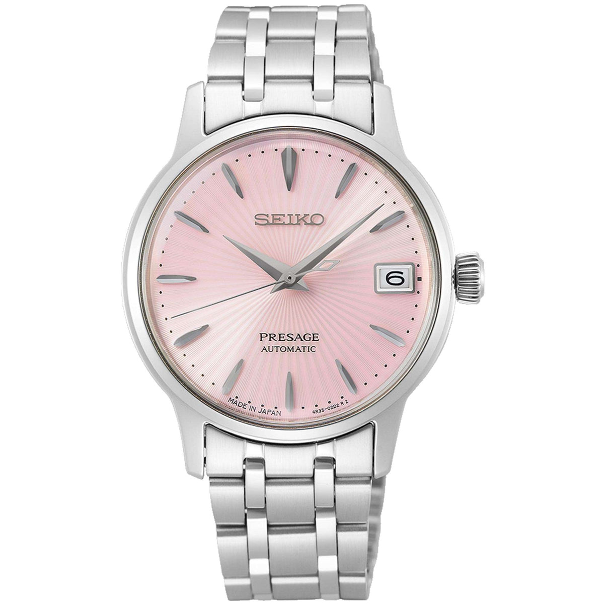 Ladies pink-dial automatic watch with silver metal bracelet and date window