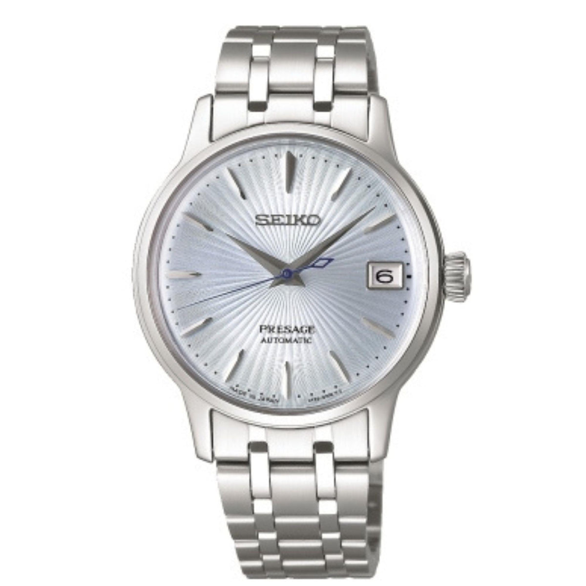 Ladies automatic watch with light blue dial and blue hands, silver stainless bracelet, date at 6.