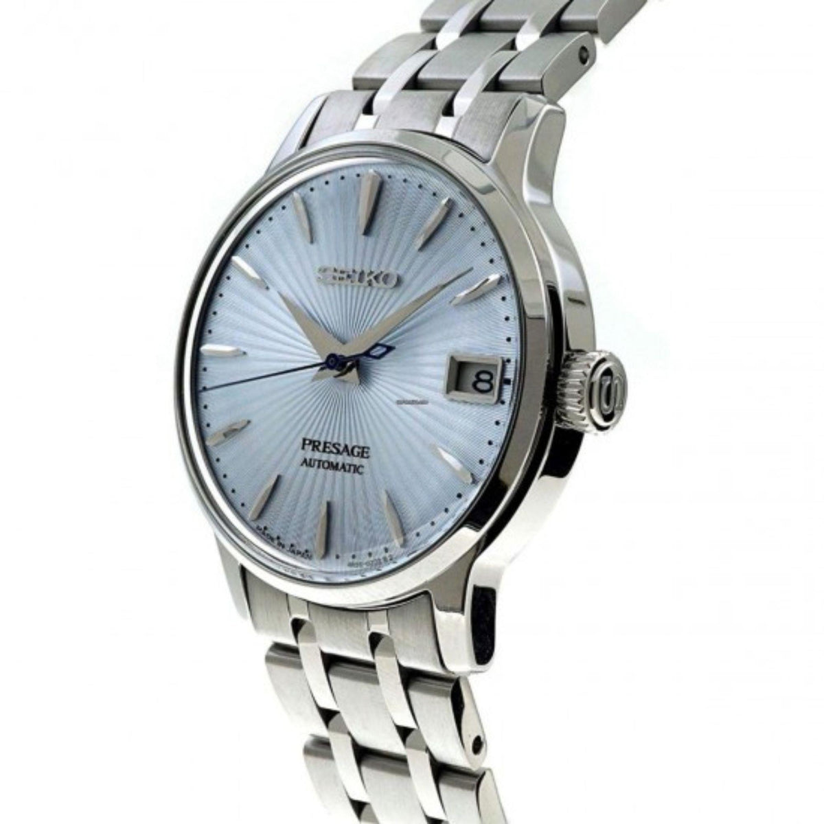 Ladies automatic watch with light blue dial, silver stainless bracelet, crown and date at 8.