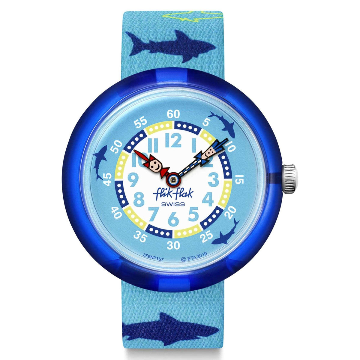 Flik Flak kids quartz watch with blue shark print strap and round blue bezel