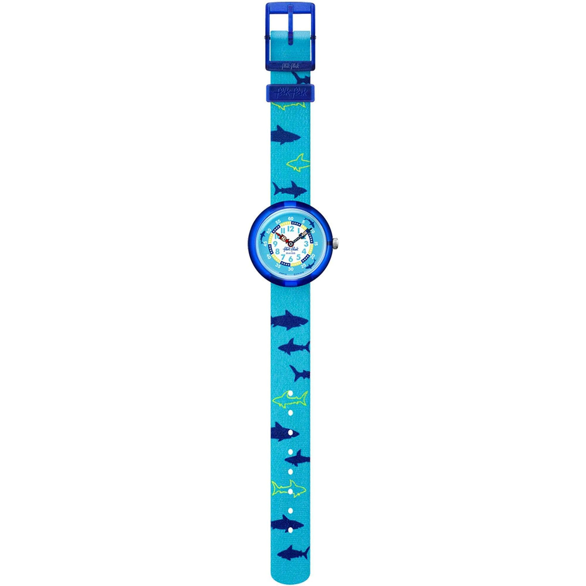 Flik Flak kids quartz watch hanging, blue shark print strap and round light blue dial