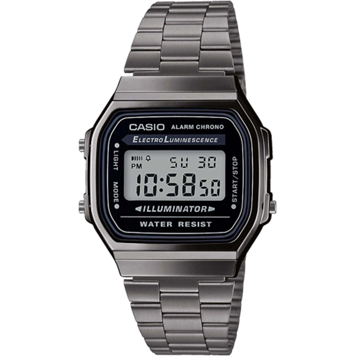 Casio men's digital quartz watch with gun metal stainless bracelet, black display