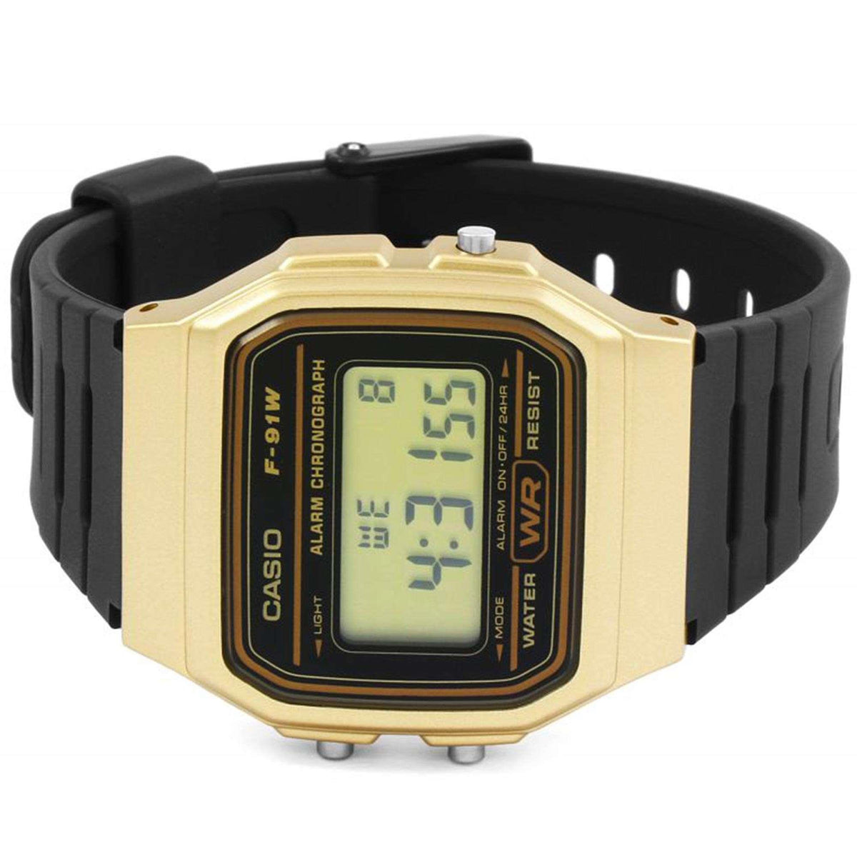 Digital watch front, gold-tone octagonal case with black bezel and black resin strap.