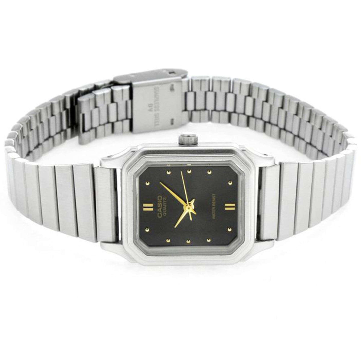 Casio ladies’ quartz wristwatch with dark dial and silver bracelet, centered front angle.