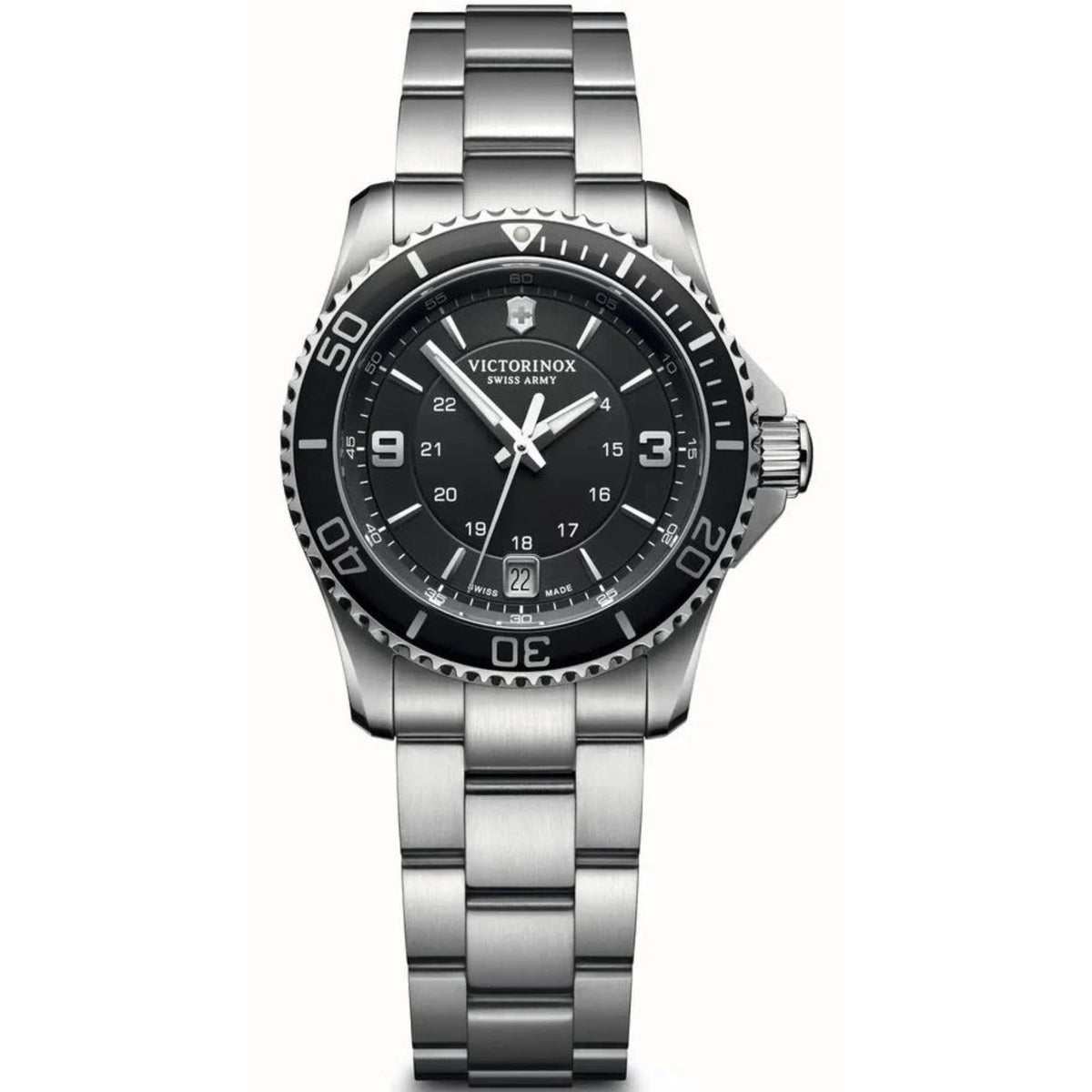 Ladies stainless steel quartz watch front view with black dial and silver bezel bracelet