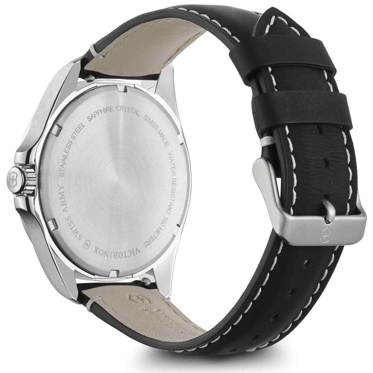 Men's quartz wristwatch caseback with black leather strap, silver back and stitched bezel