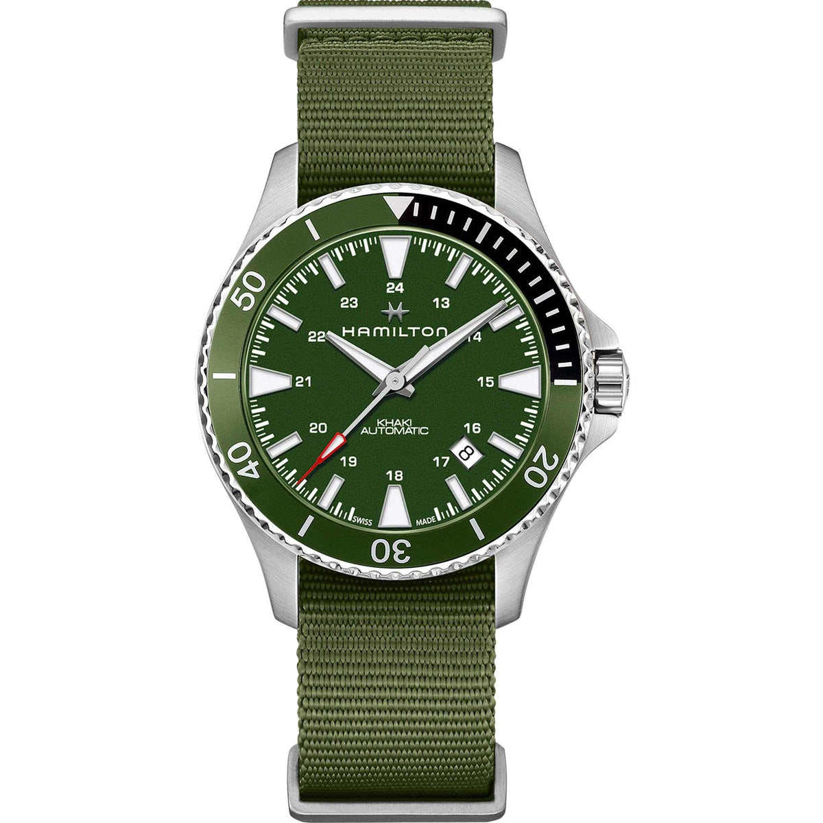 Men's automatic dive-style watch with green dial, black bezel, olive web strap, silver case.