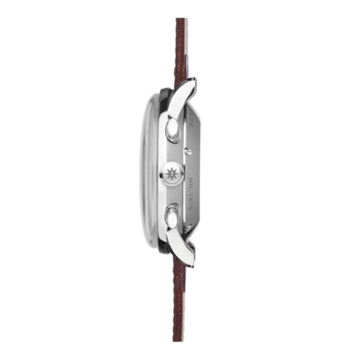 Mechanical watch side view with silver case, crown and pushers, brown leather strap