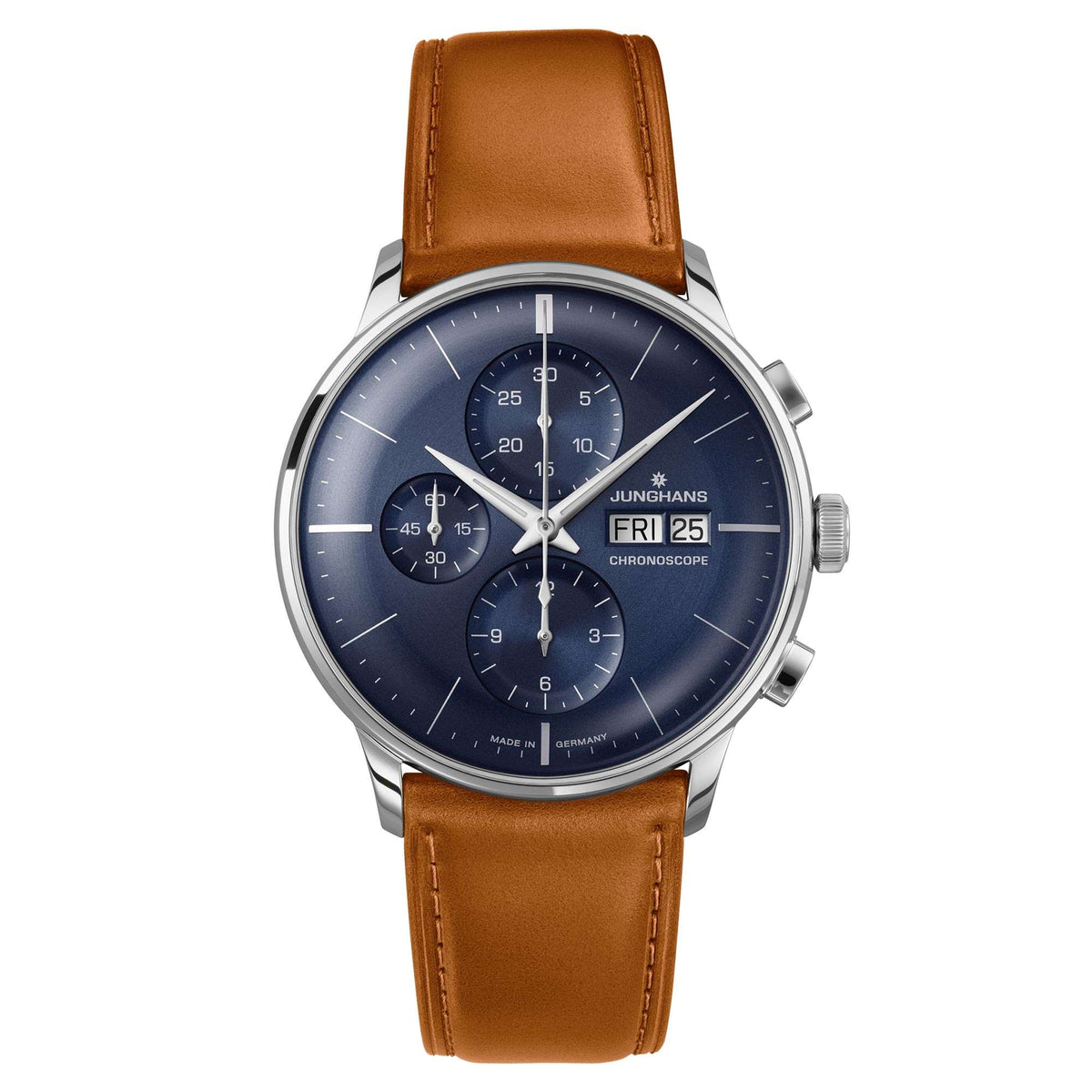 Mechanical chronograph watch with blue dial subdials, brown leather strap, silver case.