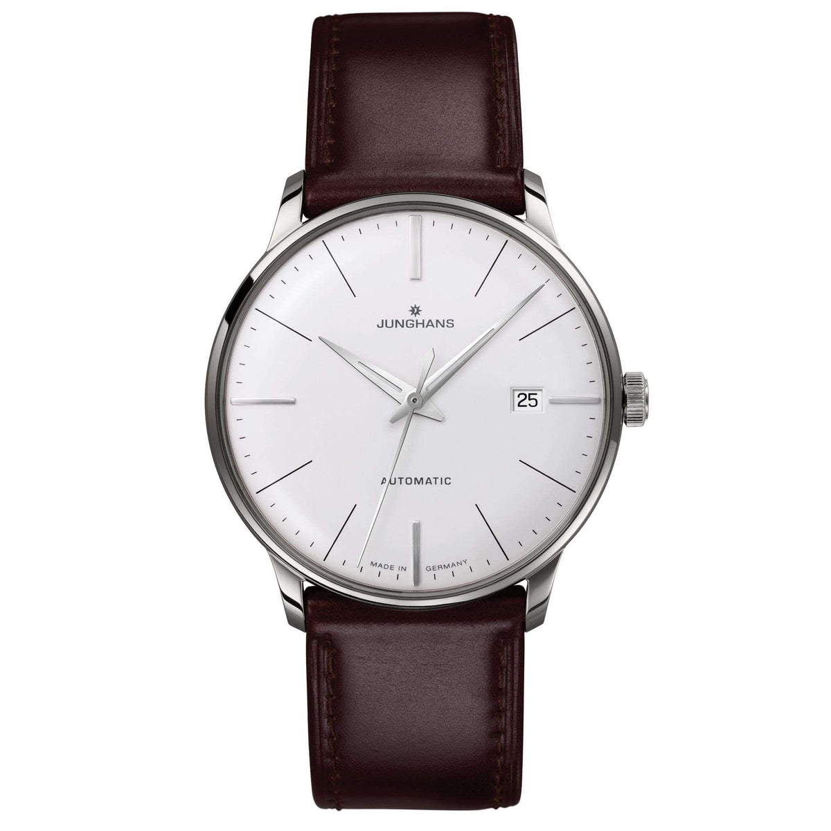 Automatic wristwatch with white dial, silver bezel, and brown leather strap; date at 25