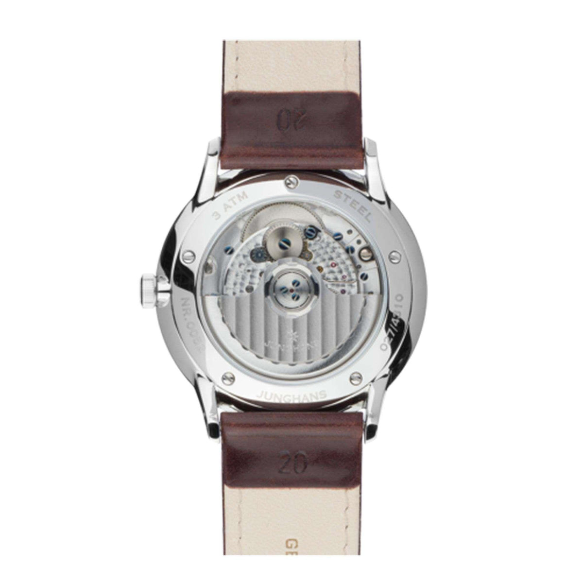 Automatic wristwatch caseback showing mechanical movement; tan and brown leather strap