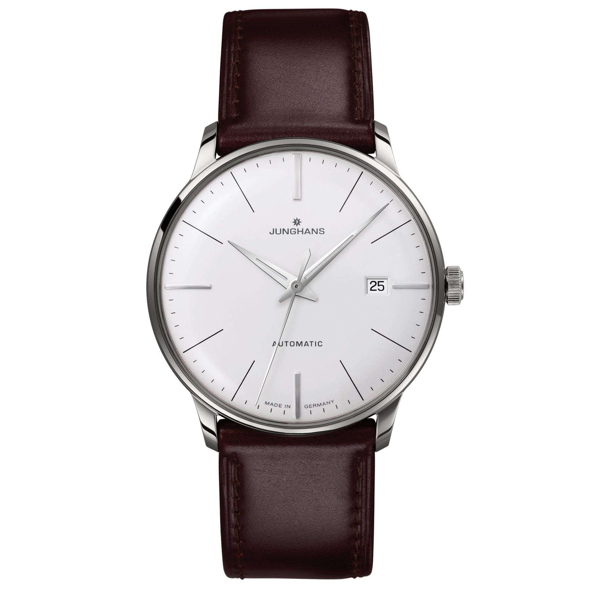 Automatic wristwatch with silver case, white dial with slim hands, and brown leather strap