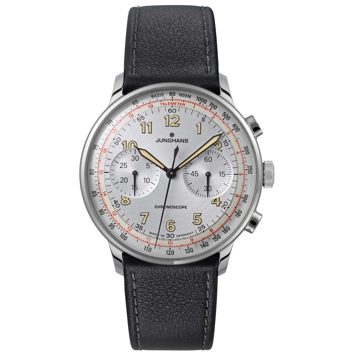 Men's mechanical watch with silver dial, black leather strap, and three subdial layout