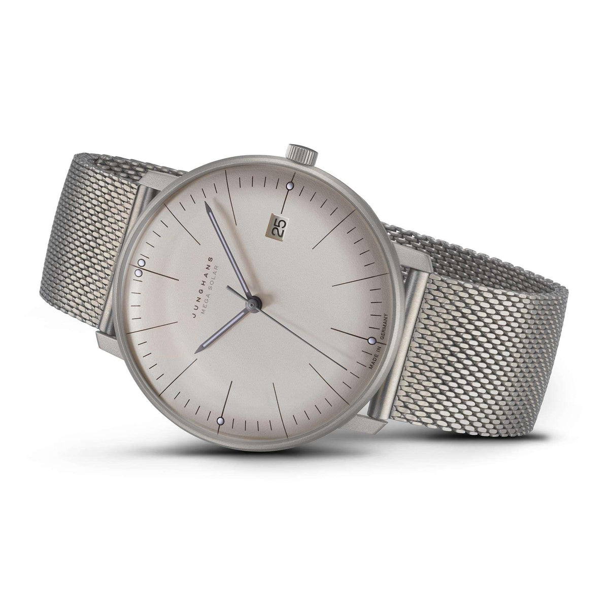Men's silver Milanese strap solar watch with round dial and date marker at 25