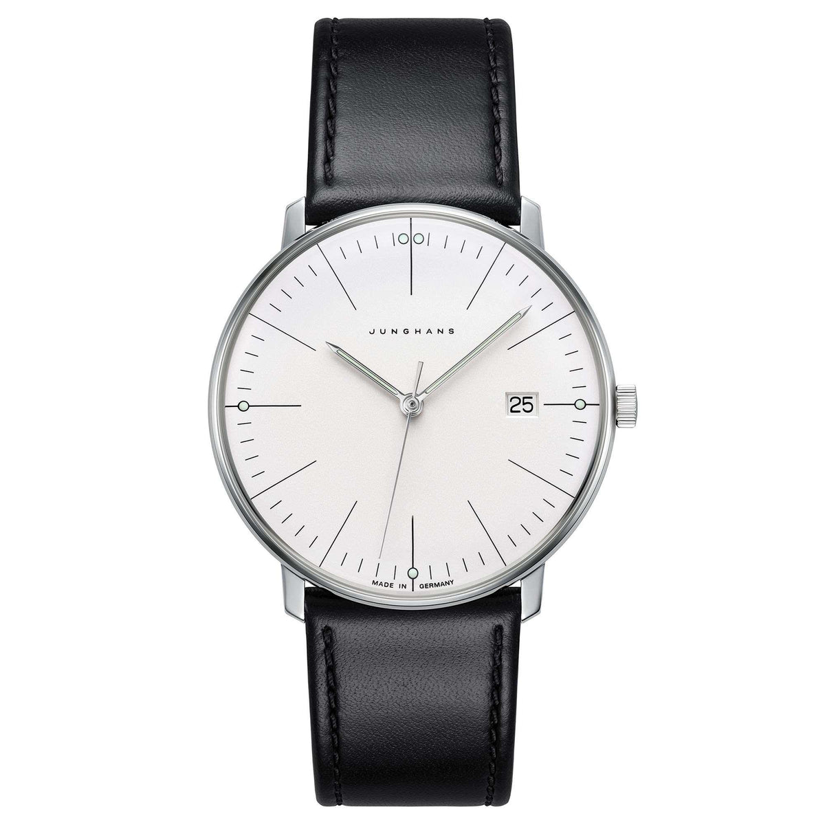 Junghans men's quartz dress watch with silver dial and black leather strap