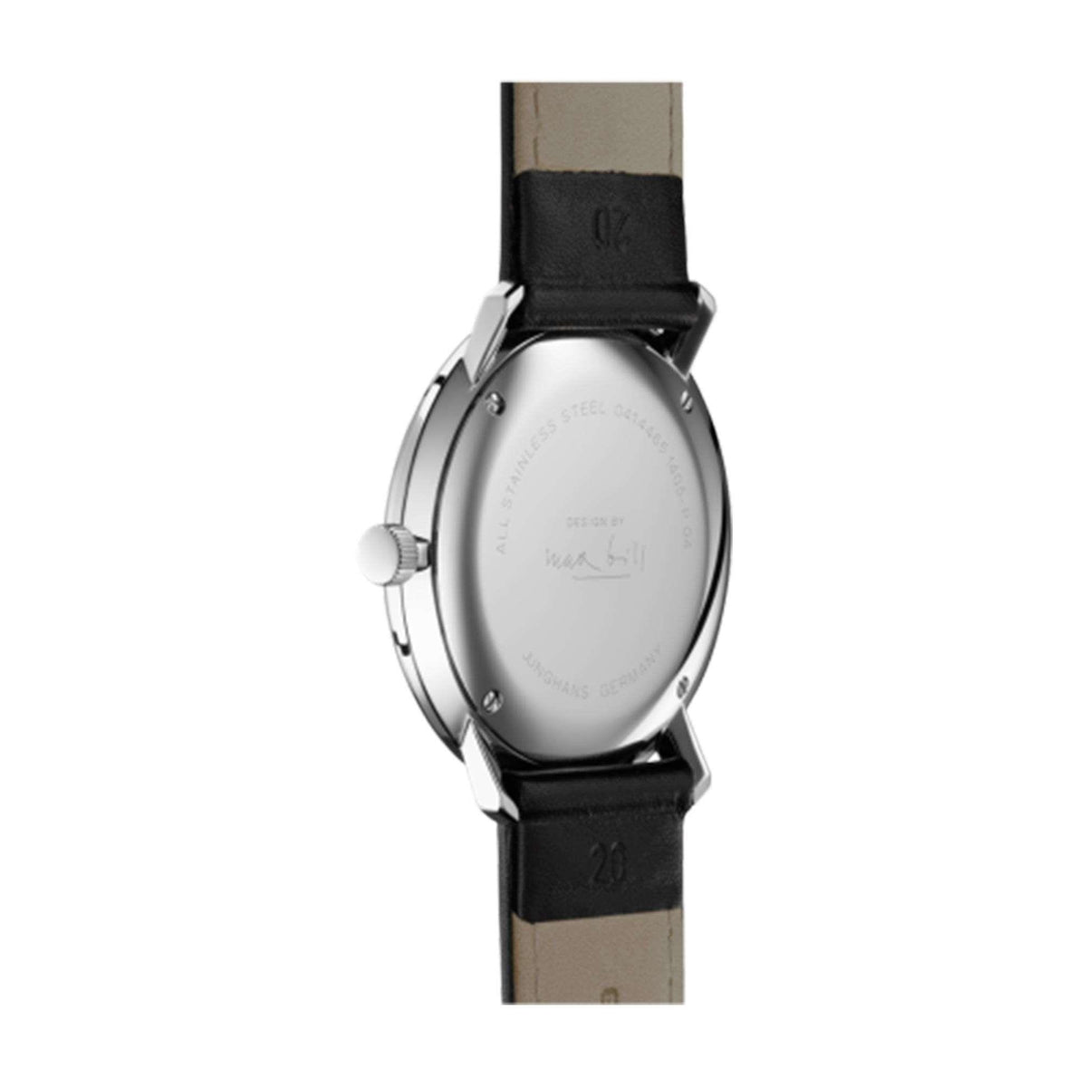 Men's quartz watch with black leather strap and silver-toned case back