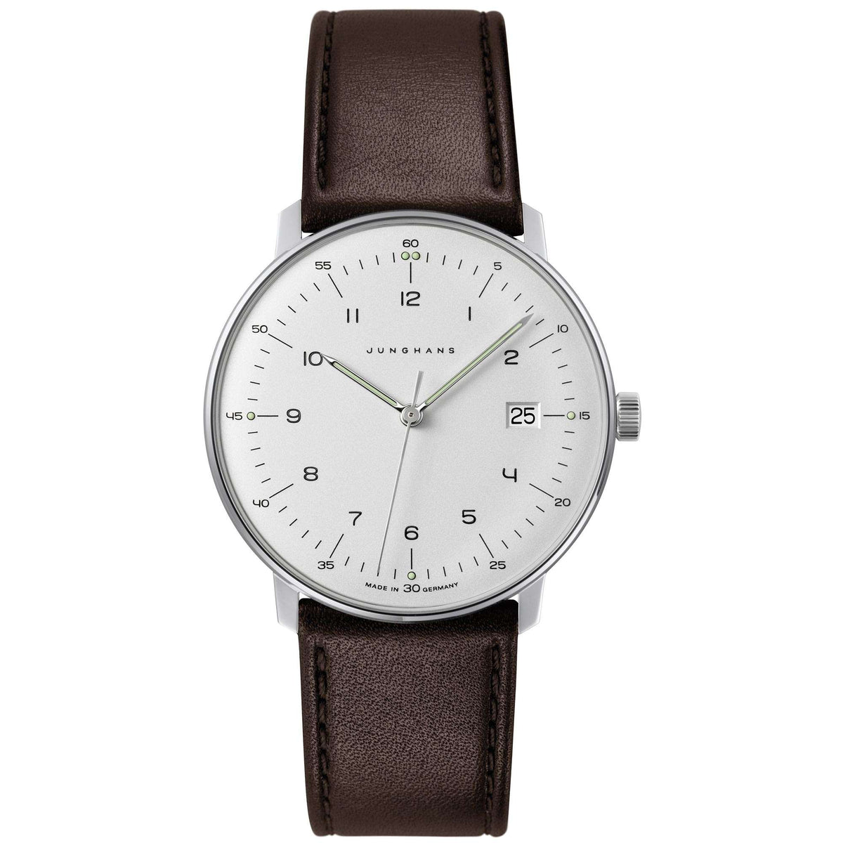 Men's quartz wristwatch front view with white dial, slim hands, brown leather strap