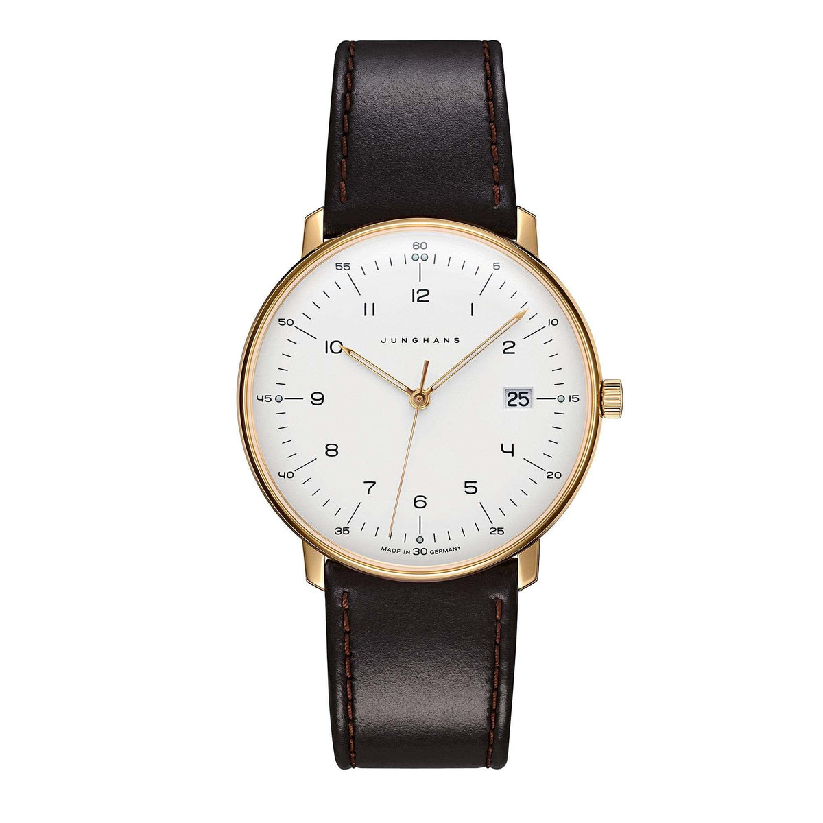 Men's quartz watch with silver dial and brown leather strap, gold-tone case