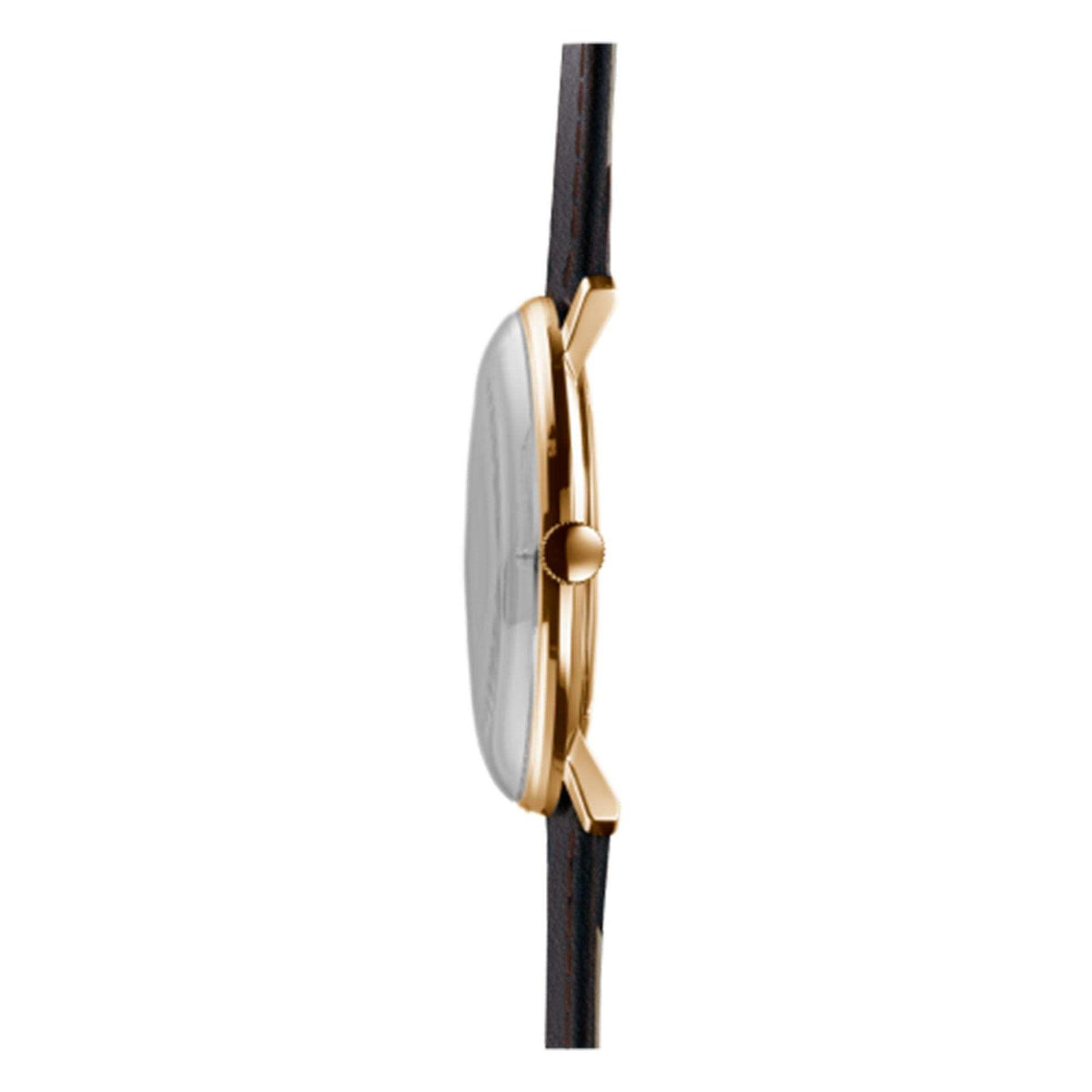 Quartz watch side profile with gold-tone case and brown leather strap