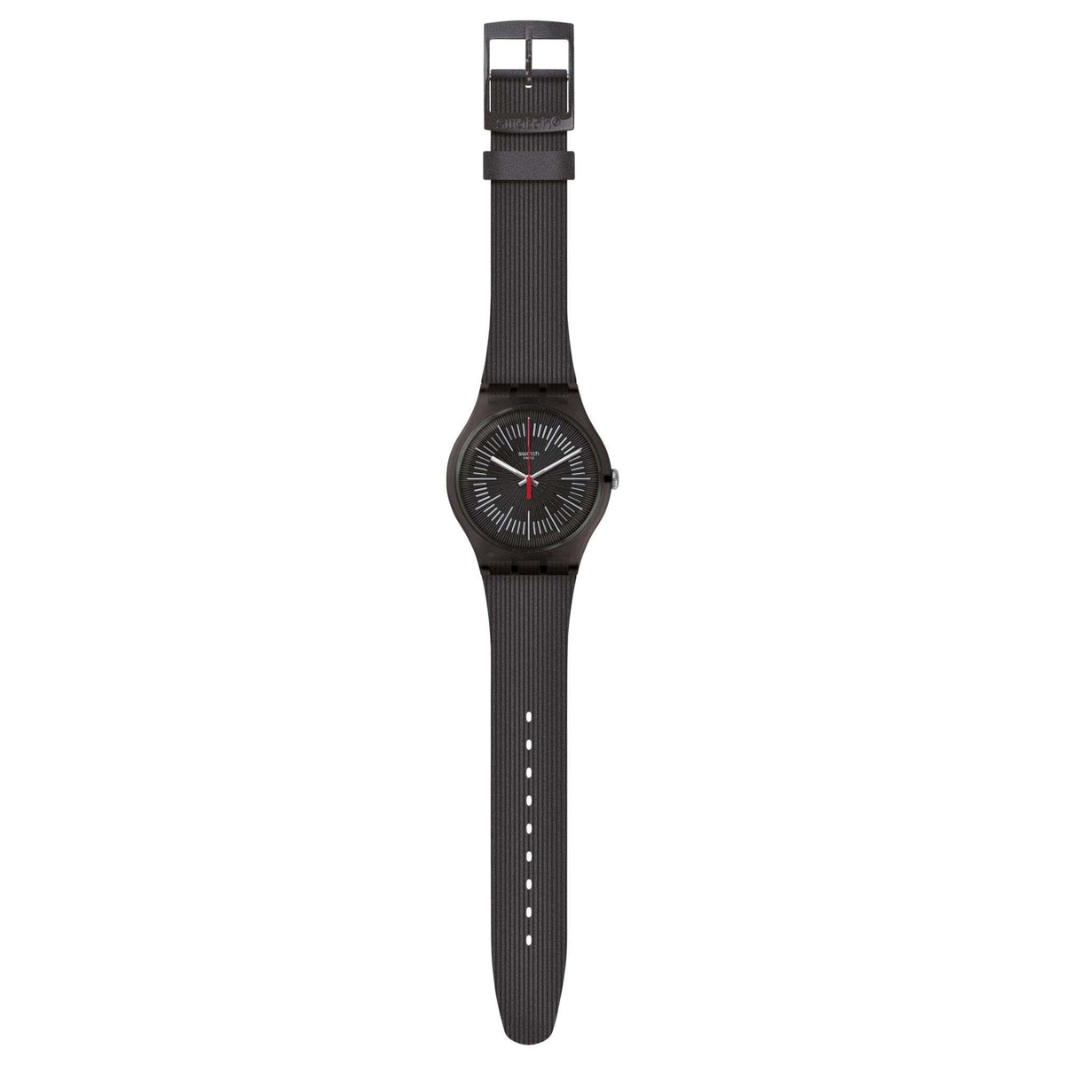 Black silicone strap quartz wristwatch angled view with black dial and red second hand
