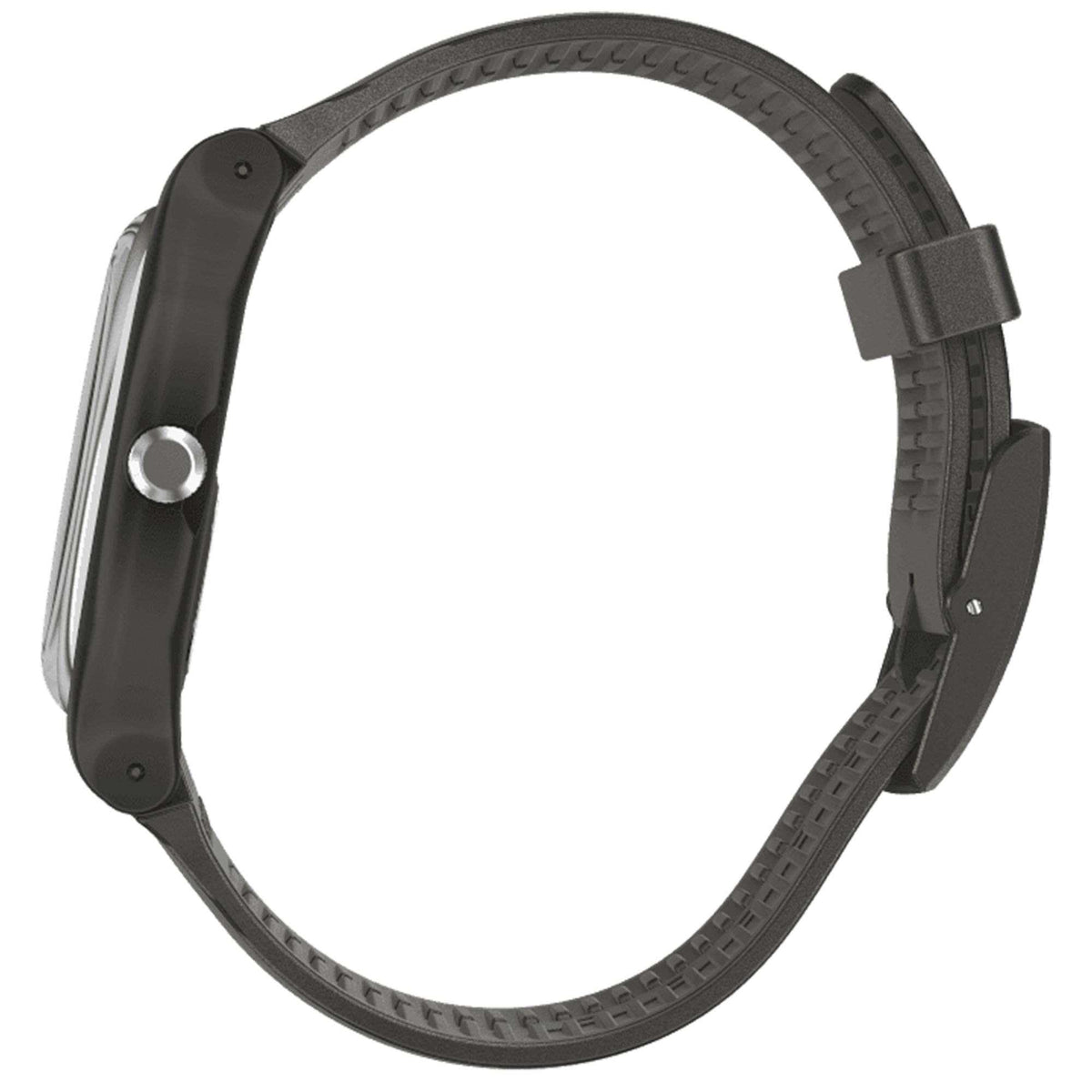 Black silicone strap quartz wristwatch with buckle and textured strap pattern, side case view
