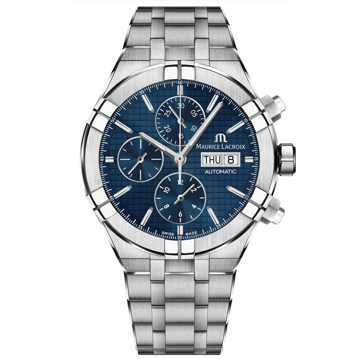 Men's automatic wristwatch with blue dial, silver bezel and stainless steel band, side pushers