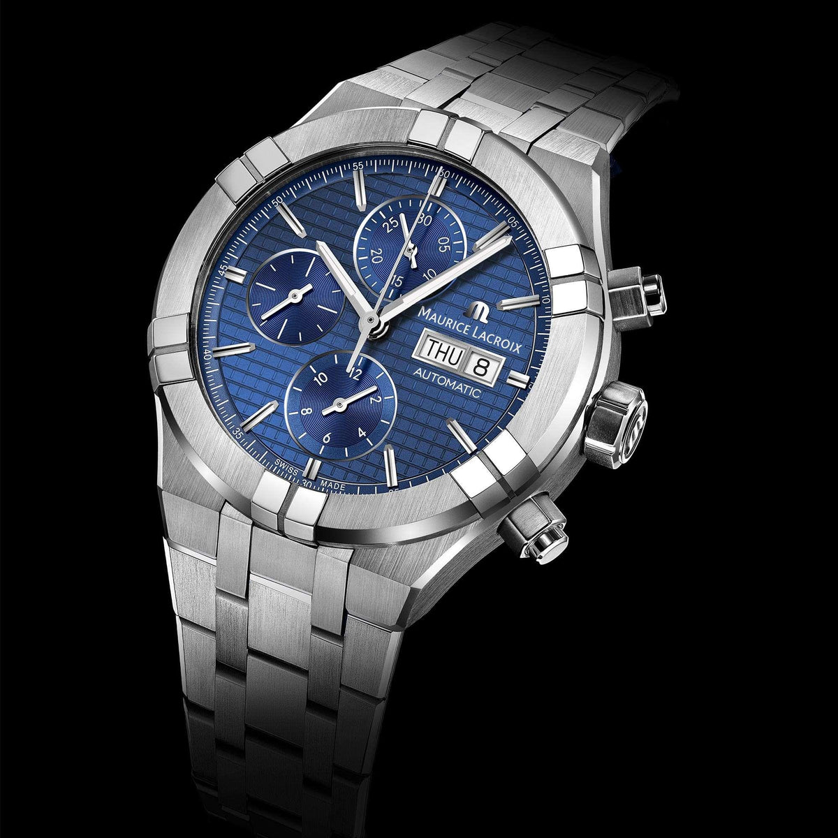 Men's automatic wristwatch with blue dial, silver stainless bracelet, date window, subdials