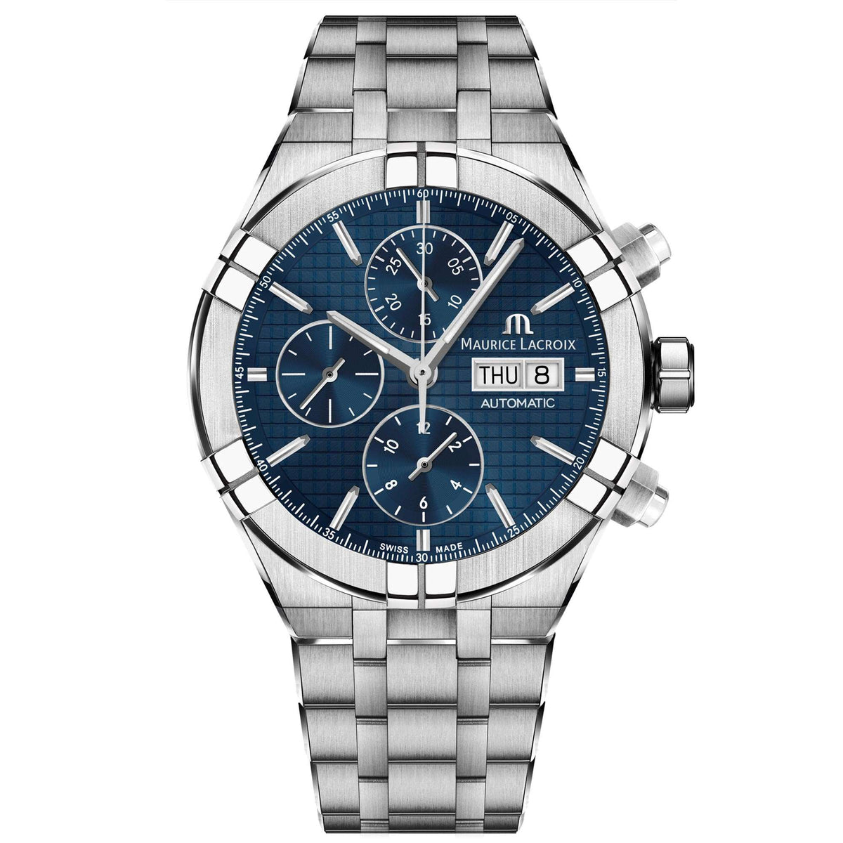Men's automatic wristwatch, blue dial with three chronograph subdials, date at 8, steel links