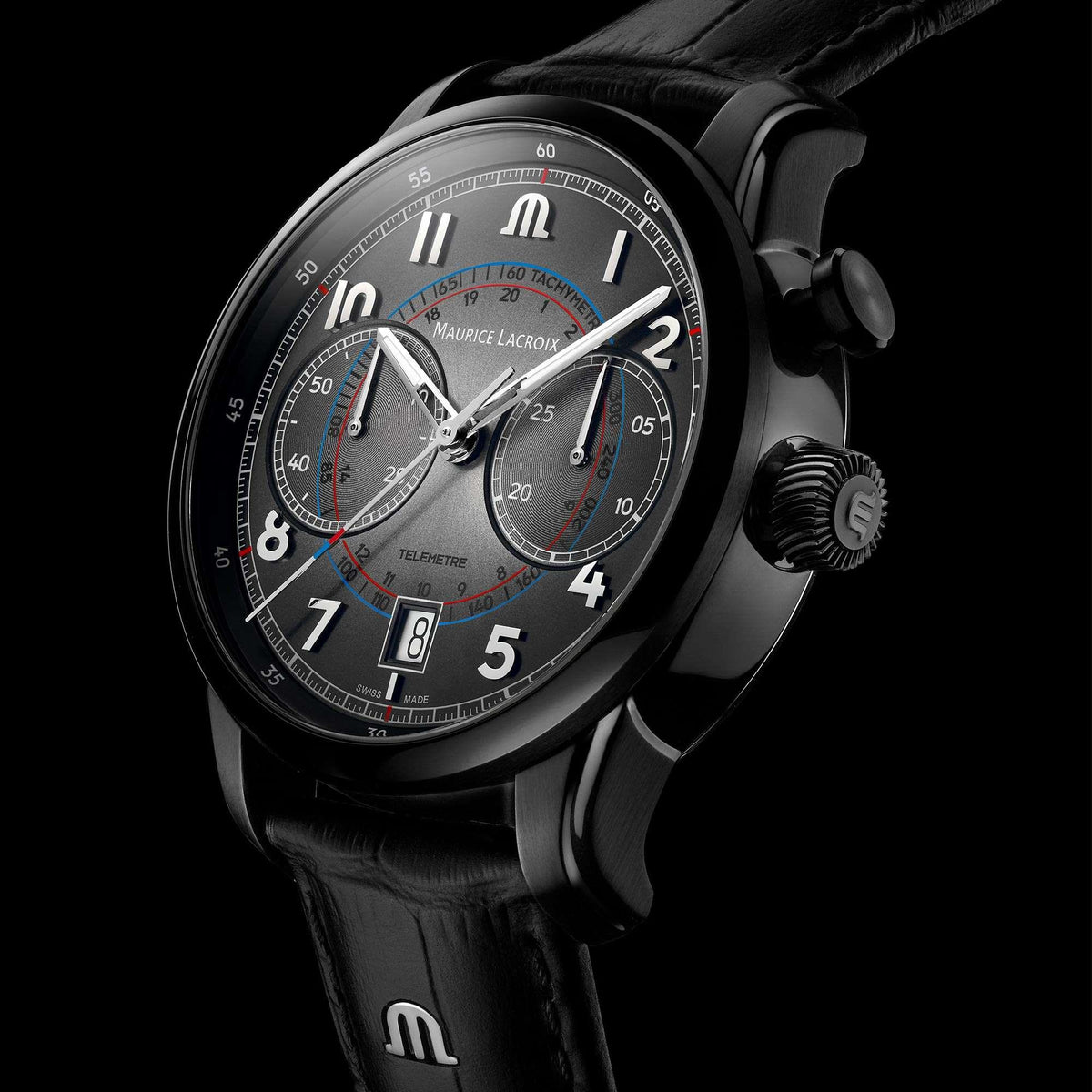 Maurice Lacroix Pontos chronograph watch, black dial with three subdials and leather strap