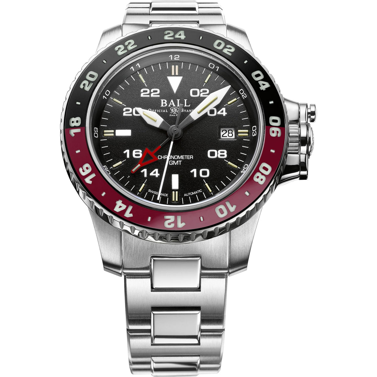 Men's automatic watch with black dial, red bezel, and silver stainless steel bracelet
