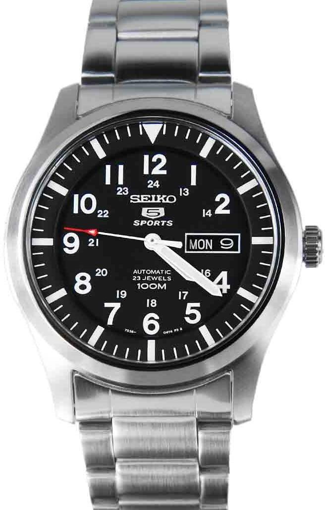 Men's Seiko 5 Sports automatic watch with black dial, steel bracelet, and MON date