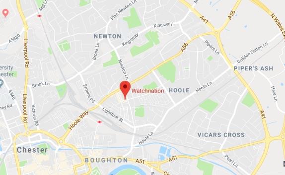 Watchnation location map with a red pin on a road grid