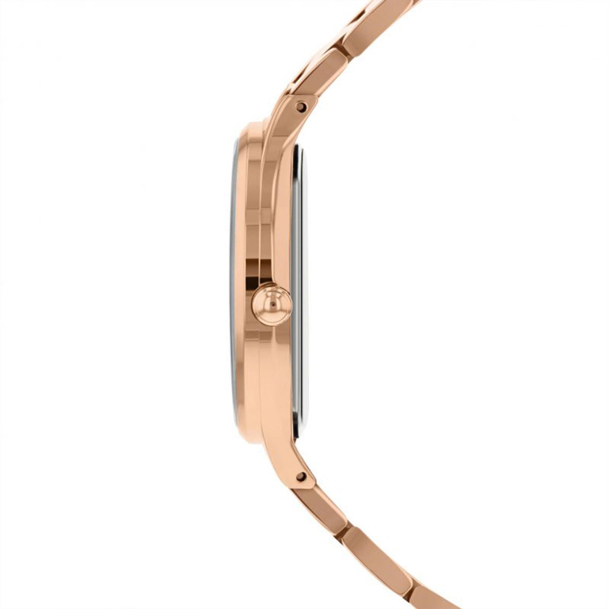 Rose gold ladies watch side view with crown and link bracelet