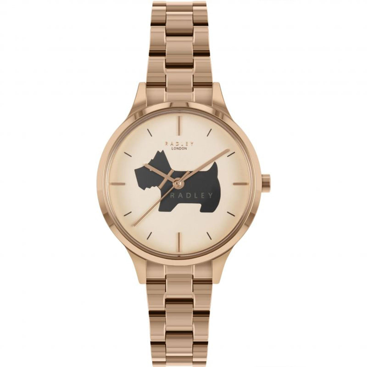 Front view rose-gold tone ladies wrist watch, cream dial, stainless bracelet