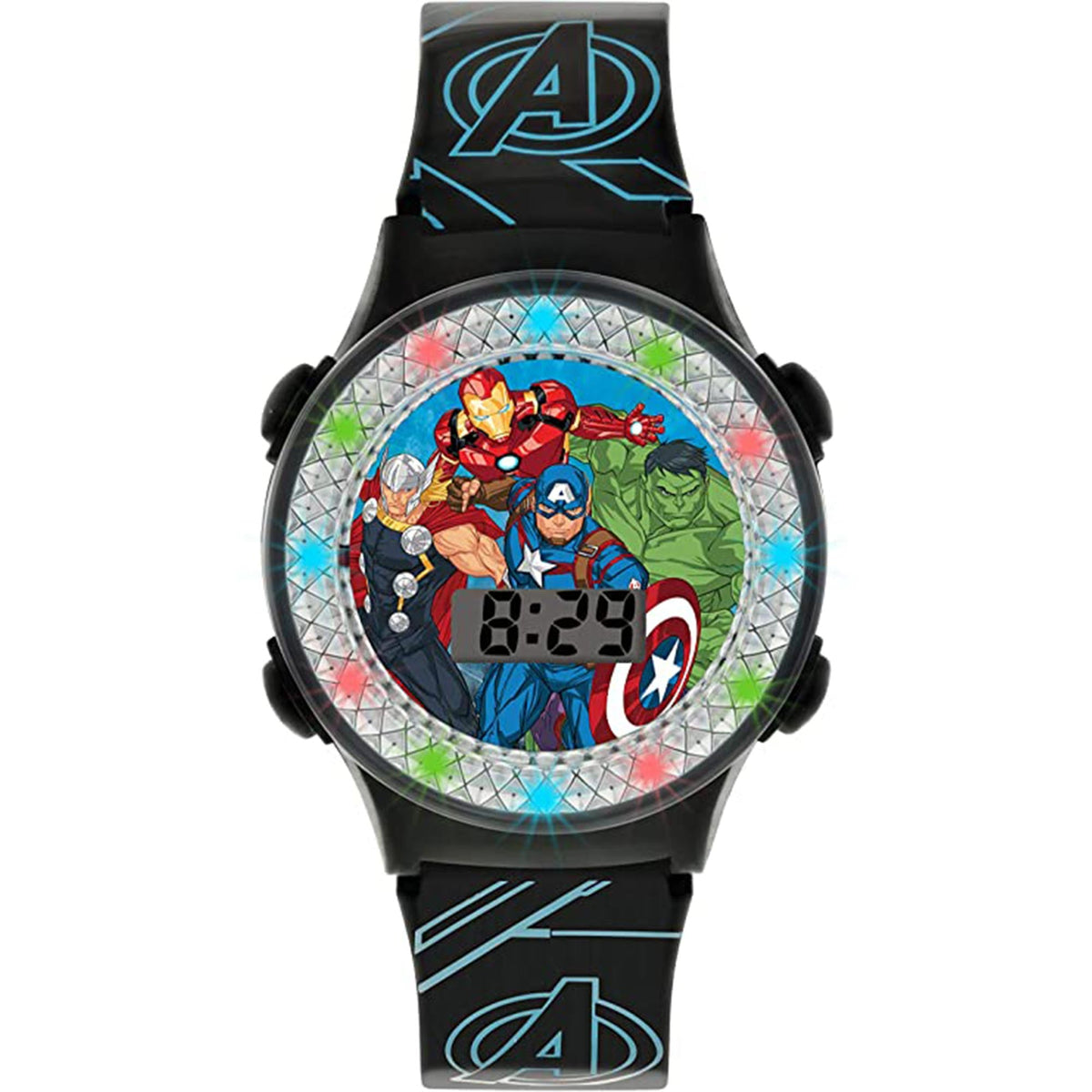 Kids digital quartz watch with black silicone strap and round Avengers hero face, digital display