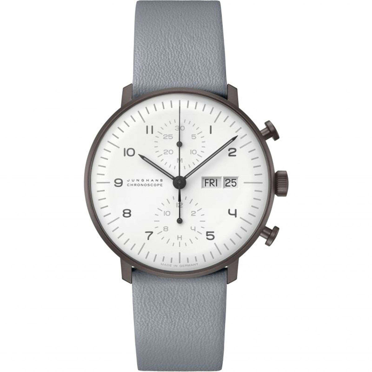 Men's analog watch with white dial, grey leather strap, date box and visible subdials