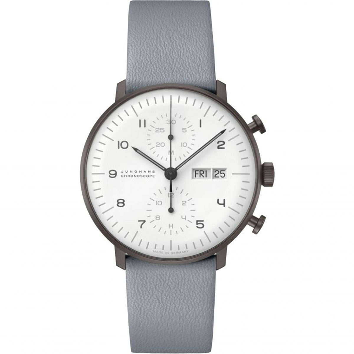 Men's analog watch with white dial, grey leather strap, date box at 3 o'clock