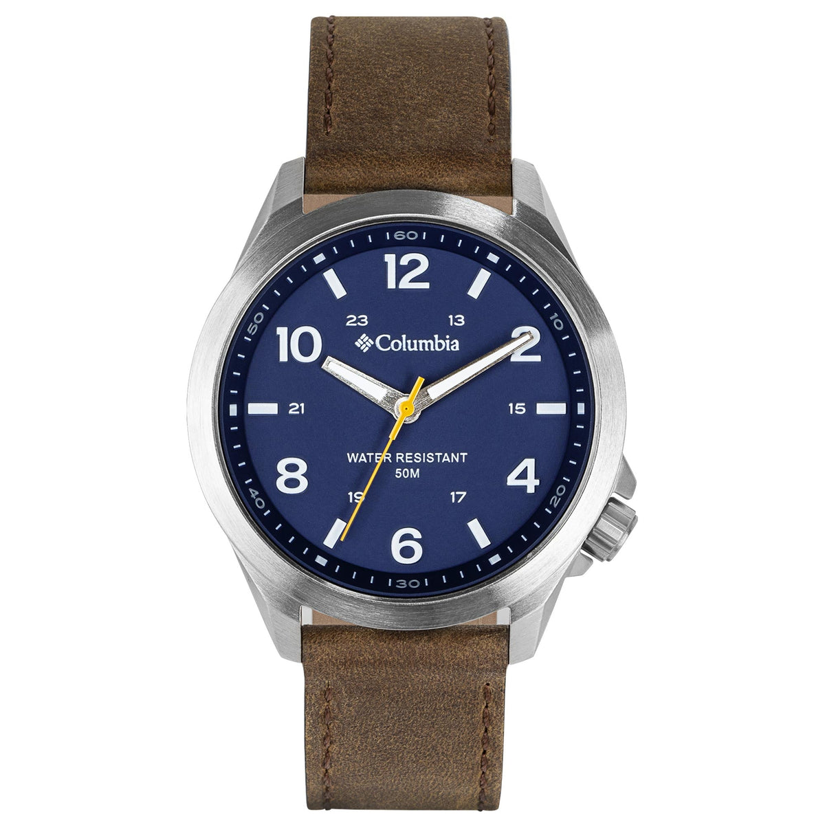 Columbia quartz wristwatch dark blue dial with gold hands, brown leather strap
