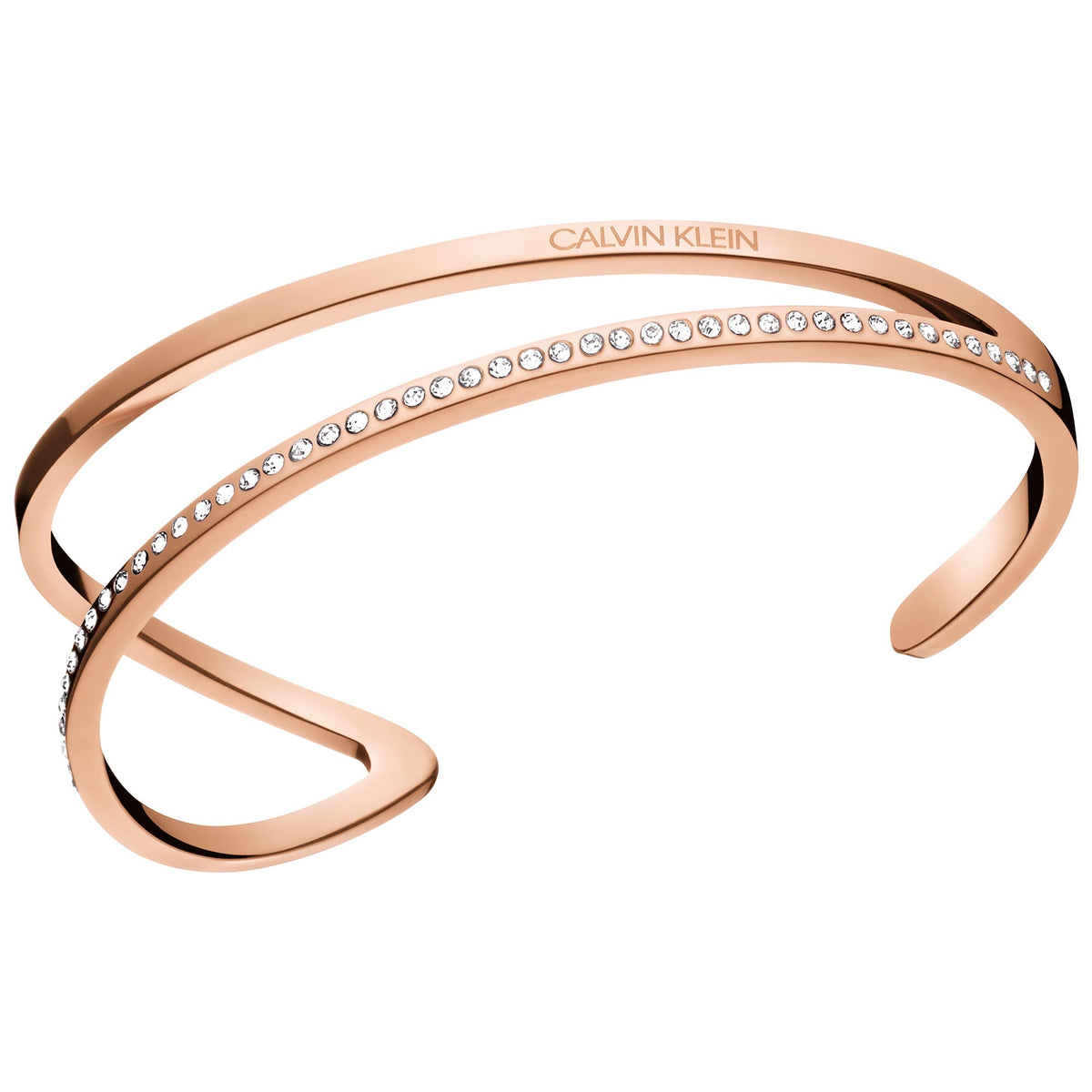 Rose gold Calvin Klein crystal cuff bracelet with engraved logo and white Swarovski stones