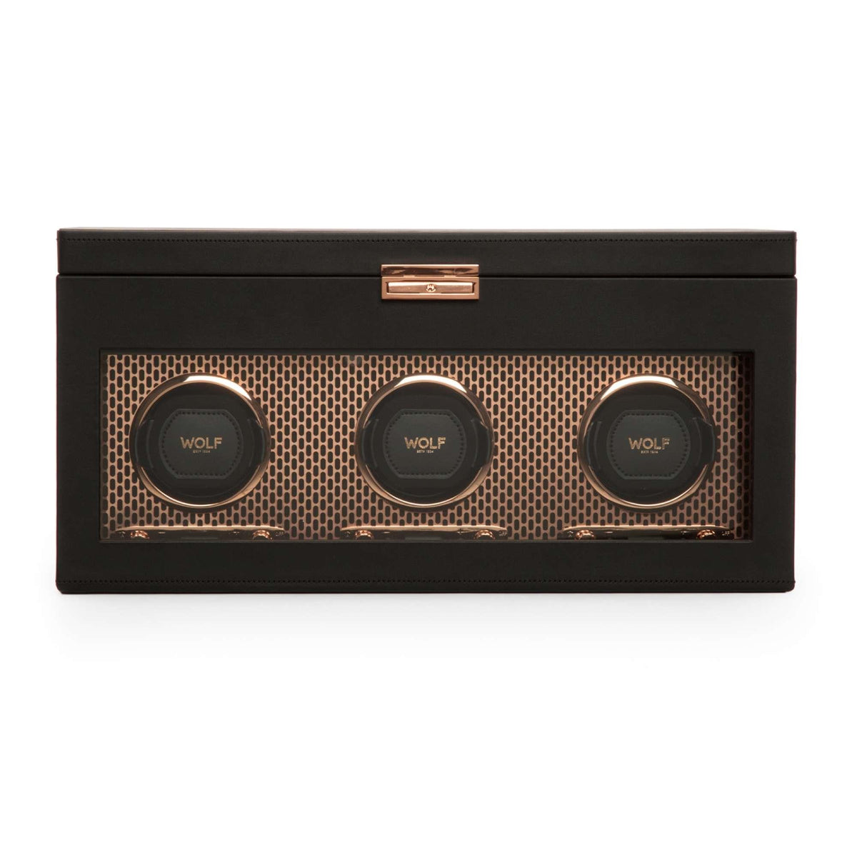 Triple watch winder with storage, black exterior and three circular winder compartments with copper trim.