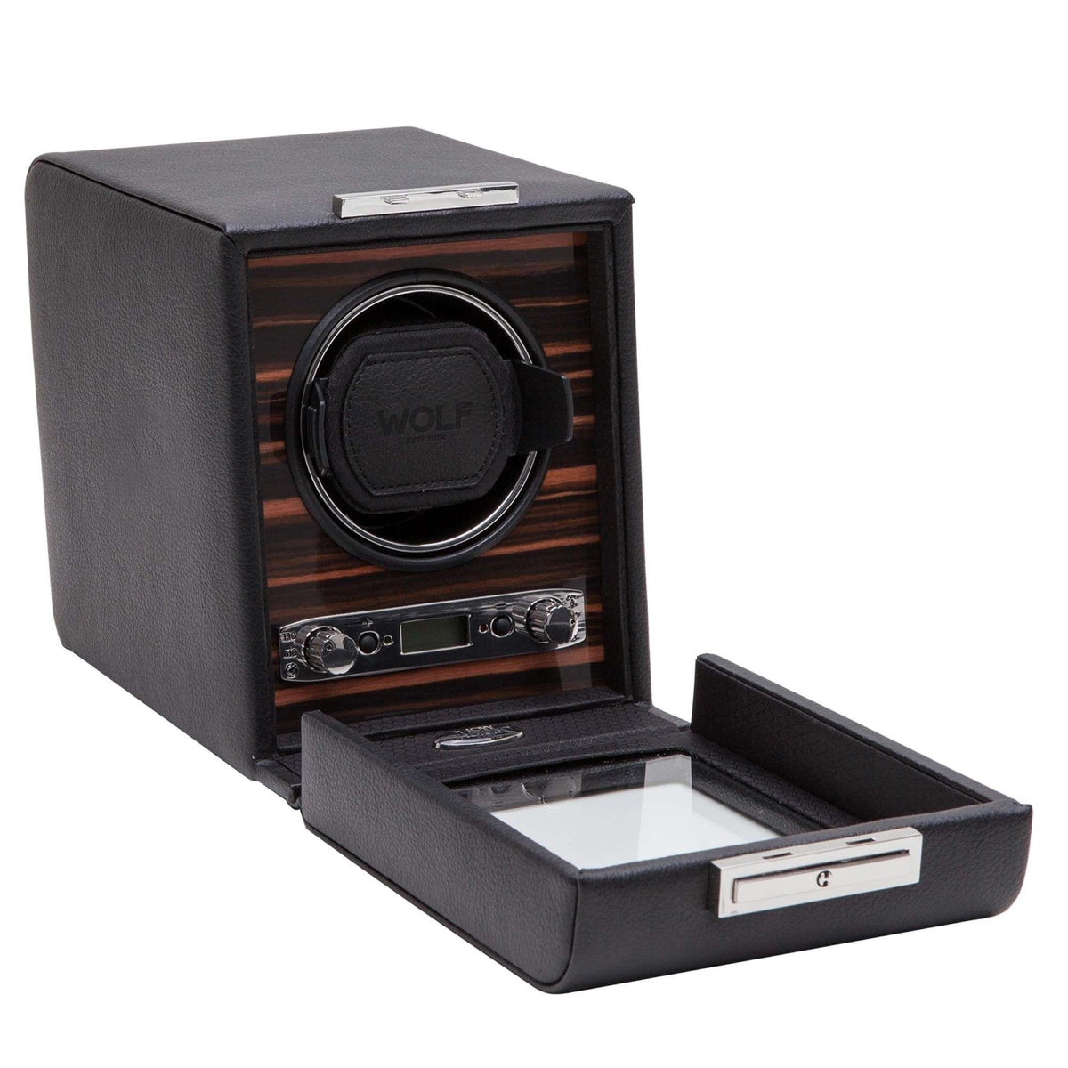Single watch winder angled view with open drawer tray and circular rotating cushion