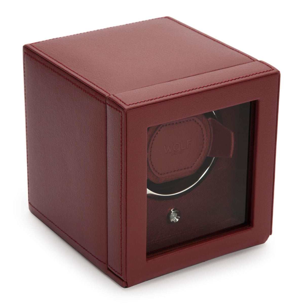 Bordeaux single watch winder with open display window and circular winder pod