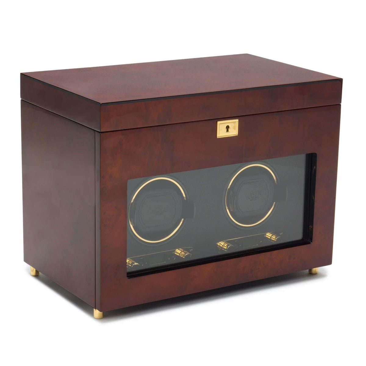 Burl wood double watch winder, angled view with glass window and two dial rings