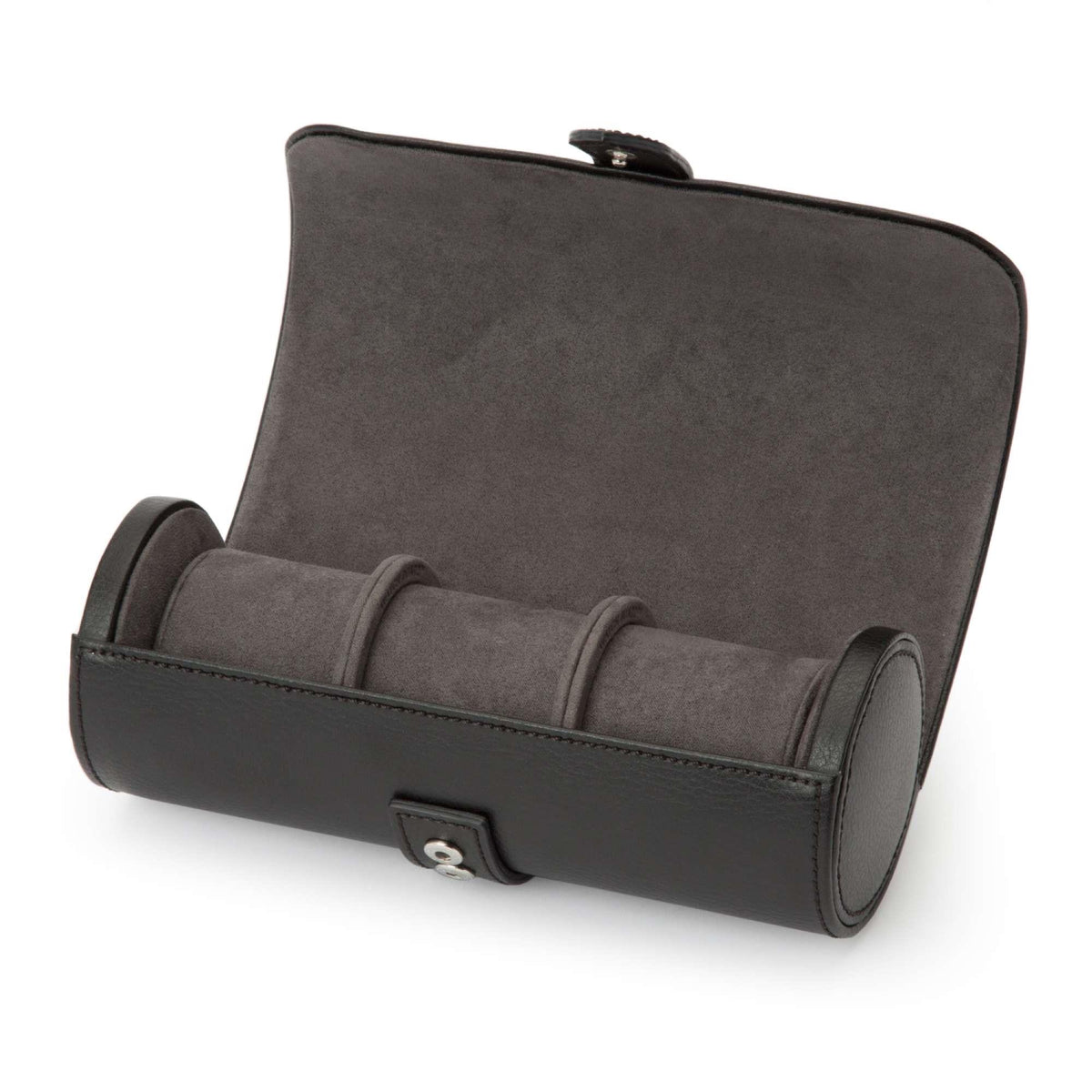 Triple watch roll open with three compartments and front snap clasp